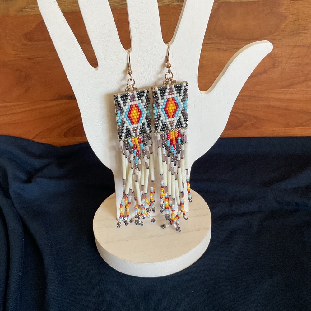 Long & Multicolor Native Boho Beaded Tassel Dangling Drop Hook Earrings